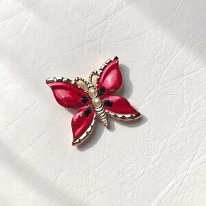 Distressed Red Butterfly Pearl Brooch